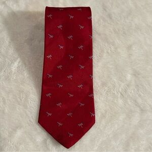 Tommy Hilfiger‎ Tie Lion Crest Red W/ Blue Dragonfly Embroidery 100% Silk USA